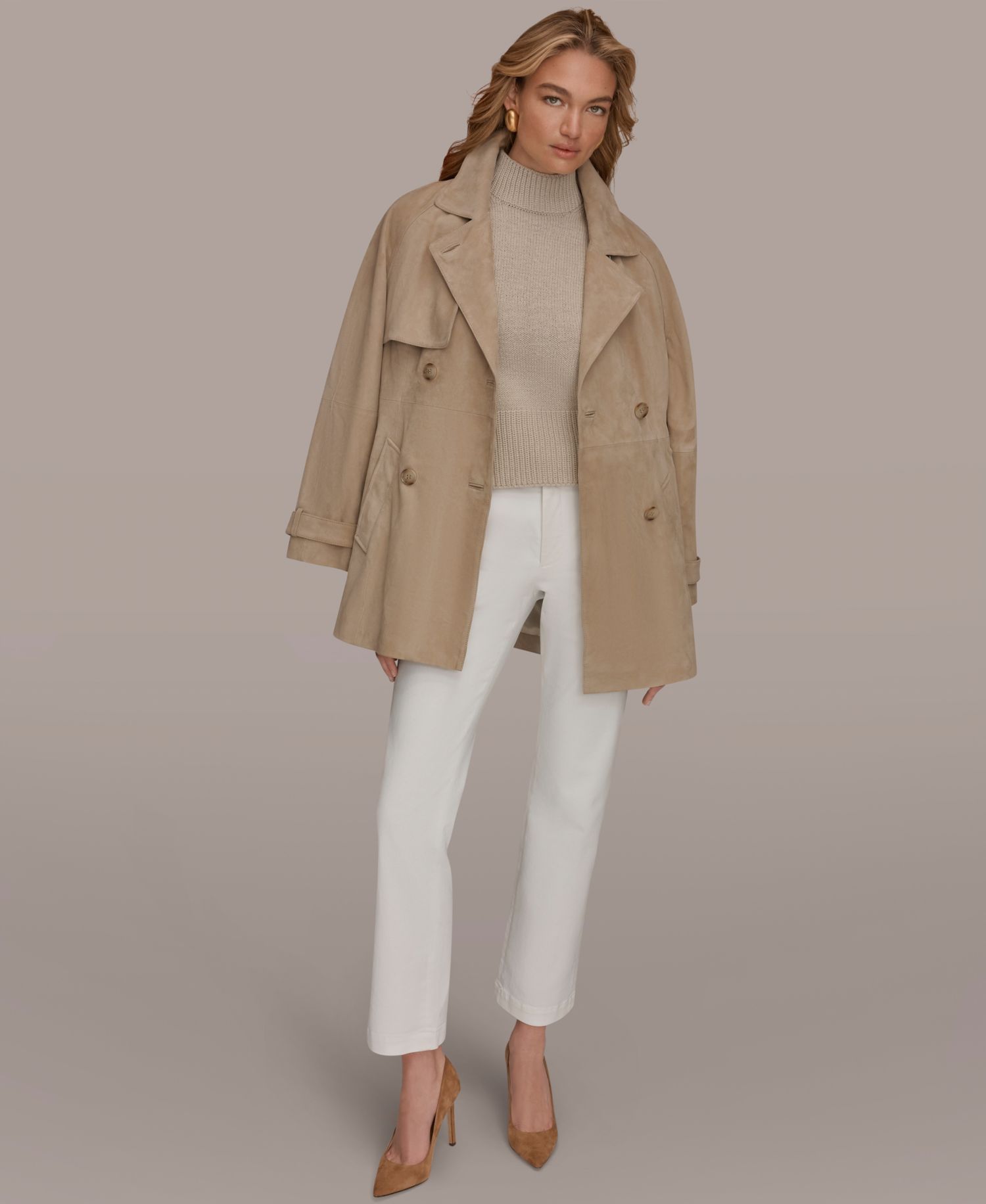 Women's Double Breasted Belted Suede Trench Coat