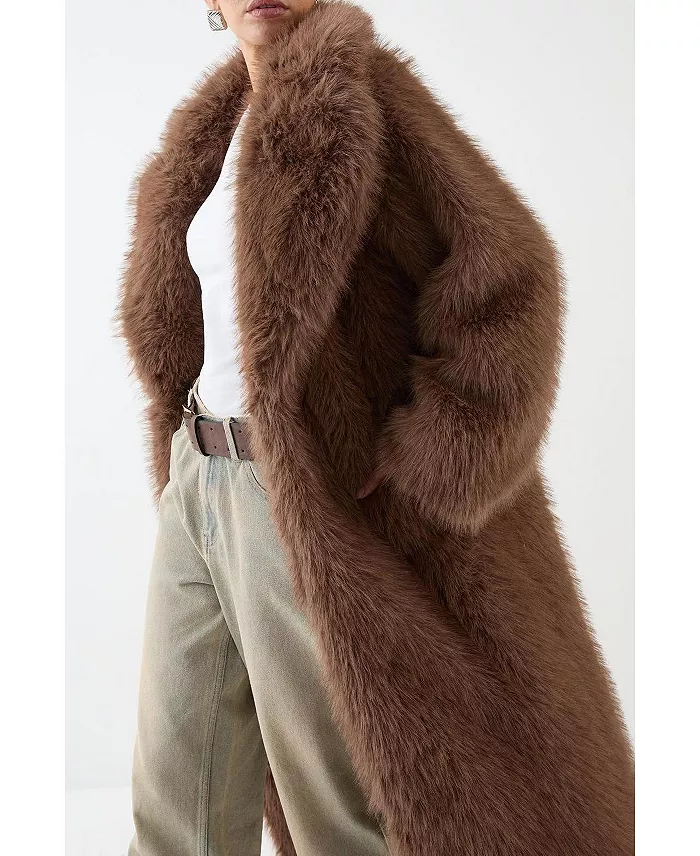 Women's Long Faux Fur Wide Collar Coat - thumbnail 8