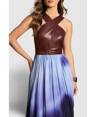 Women's PU Cross Neck Belted Midi Dress