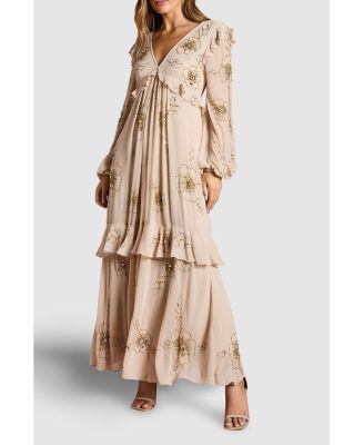 Women's V Neck Embellished Tiered Midi Dress