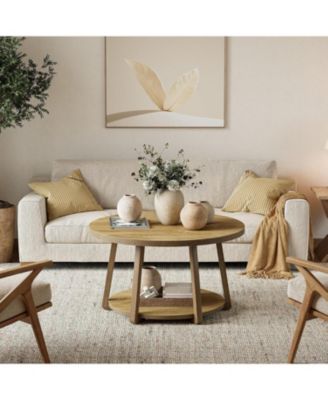 Round Coffee Table with Storage, 2-Tier 31.5" Center Table with Wooden Legs for Living Room & Bedroom