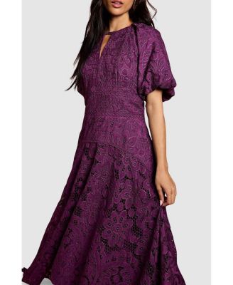 Women's Lace Hanky Hem Puff Sleeve Dress