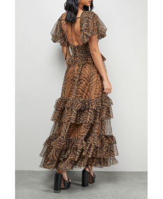 Women's Zebra Print Tulle Ruffle Maxi Dress