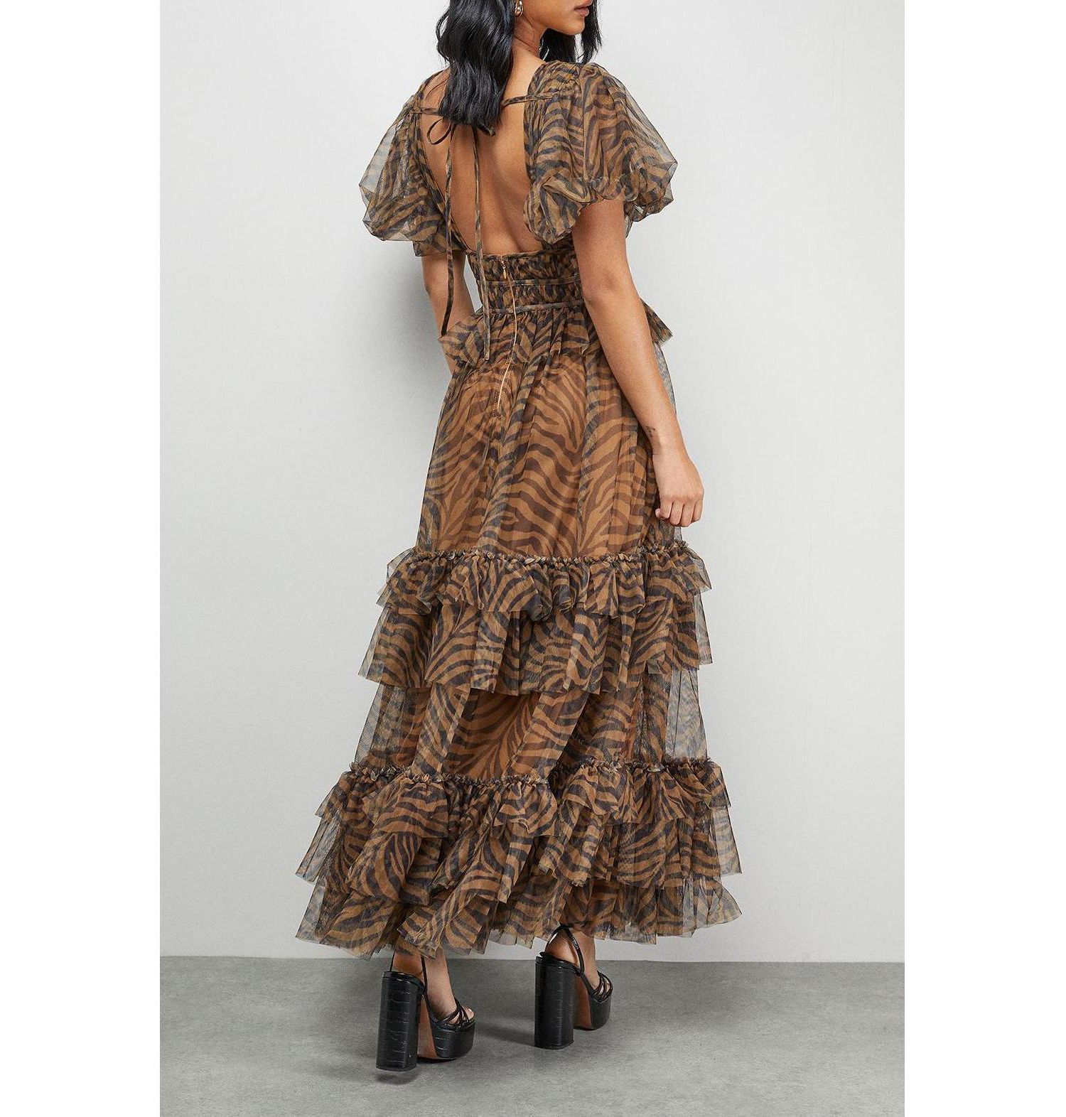 Women's Zebra Print Tulle Ruffle Maxi Dress