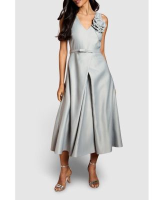Women's Structured Satin 3D Corsage Midi Dress