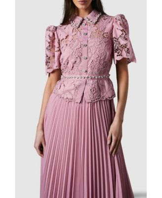 Women's Lace Top Pleat Skirt Jewel Button Dress.