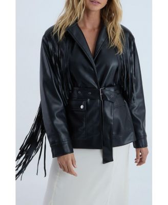 Women's Fringe Faux Leather Belted Jacket