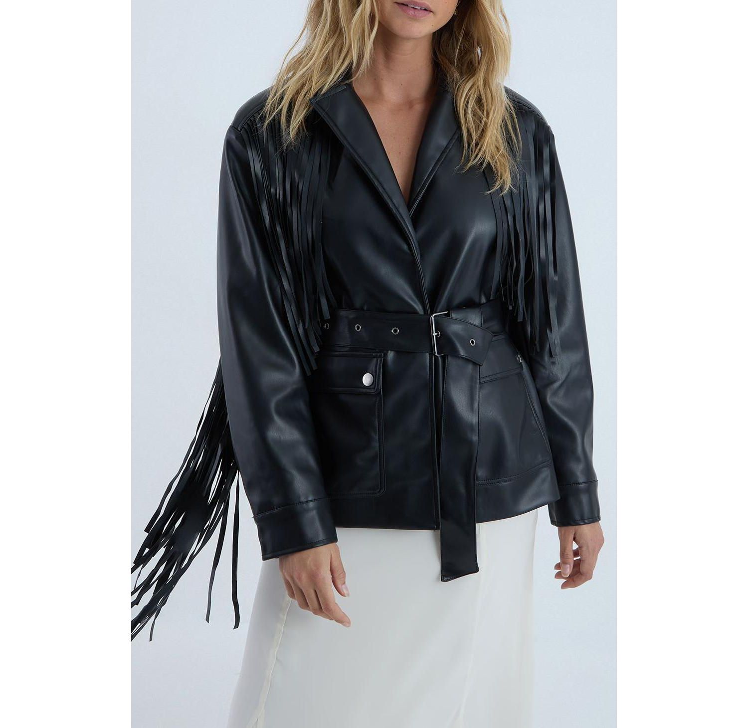 Women's Fringe Faux Leather Belted Jacket