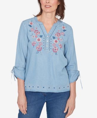 Women's  Austin Floral Embroidered Tie Sleeve Henley Top
