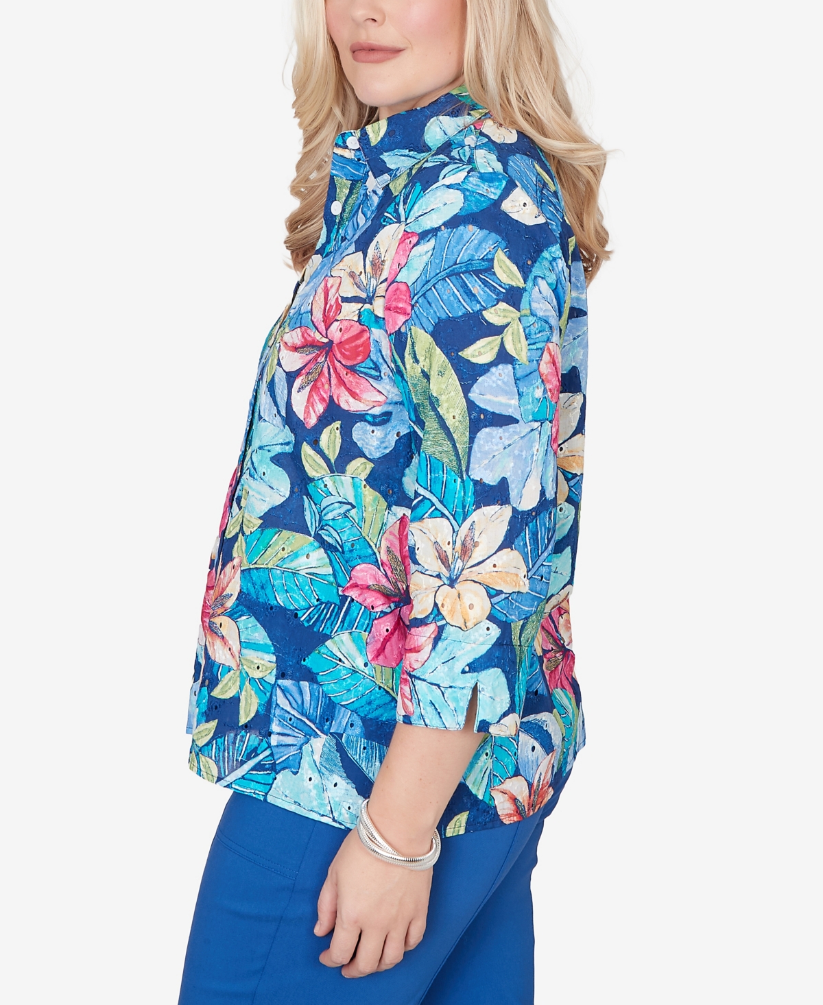 Alfred Dunner Women's The Royal Treatment Tropical Eyelet Button Down Top