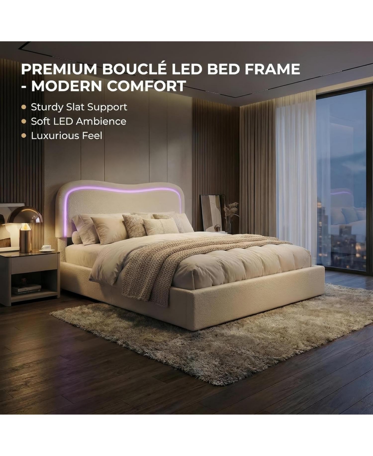 gaomon Boucle Bed Frame with 2 Storage Drawers, Upholstered Platform Led Headboard