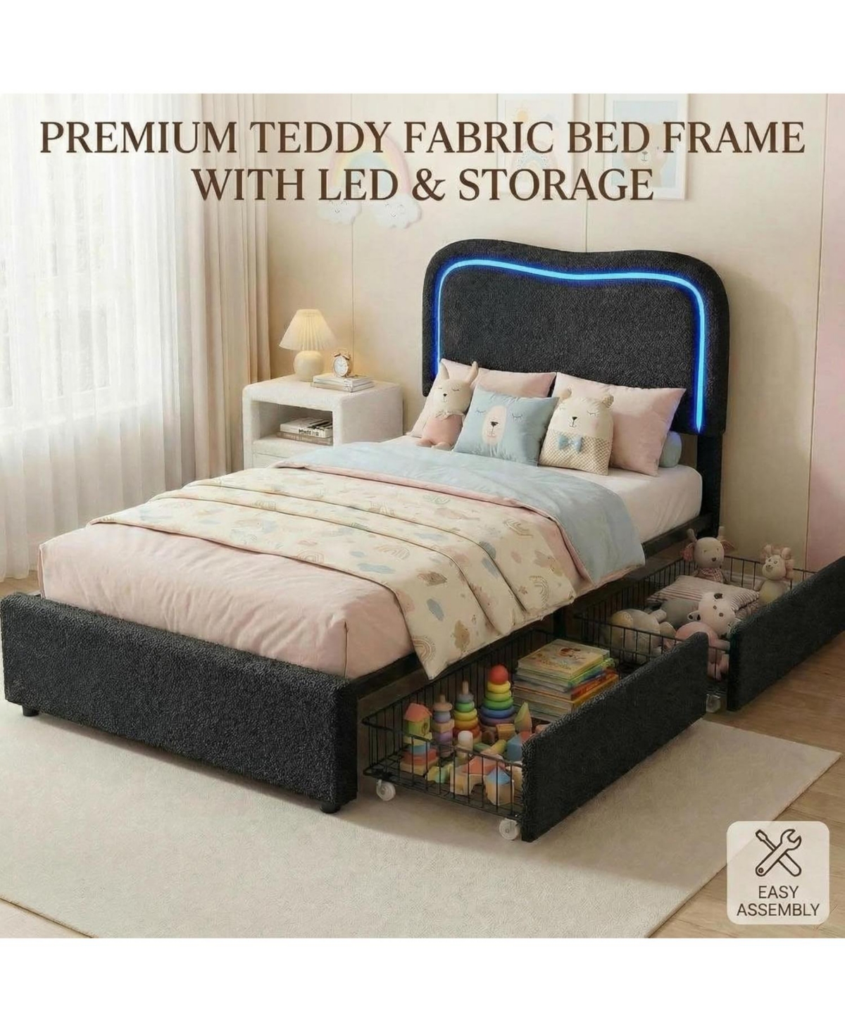 gaomon Boucle Bed Frame with 2 Storage Drawers, Upholstered Platform Led Headboard
