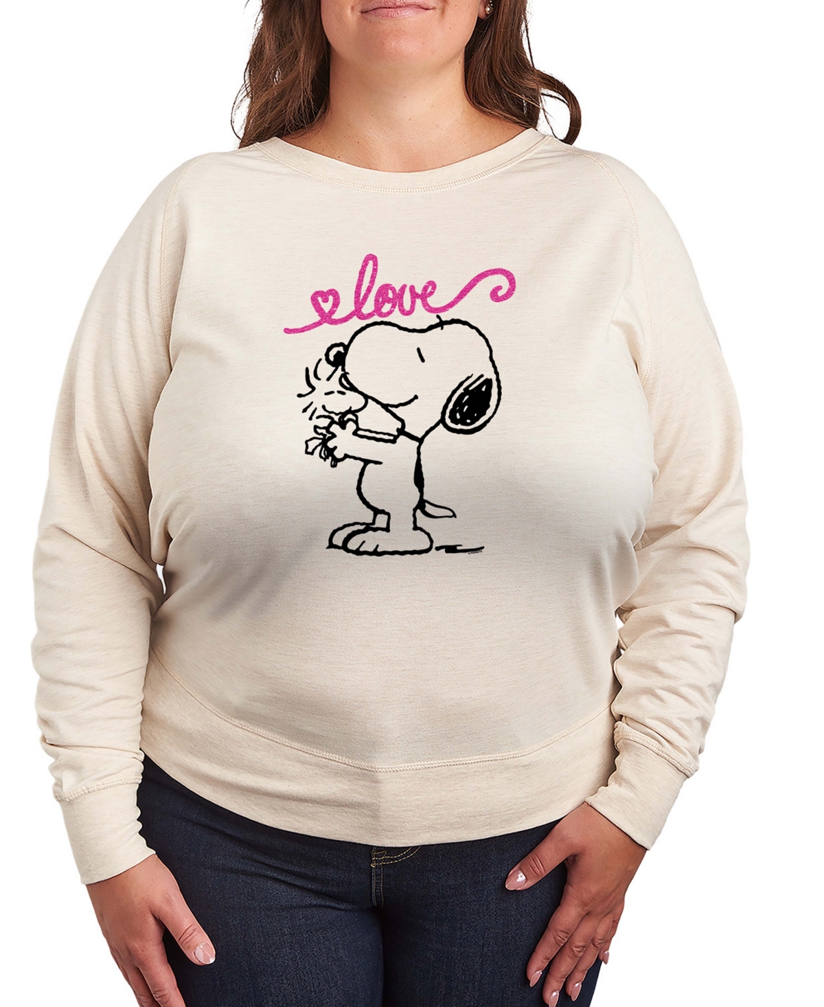 Hybrid Apparel Women's Peanuts Snoopy And Woodstock Love French Terry Long sleeve T-shirt - Birch