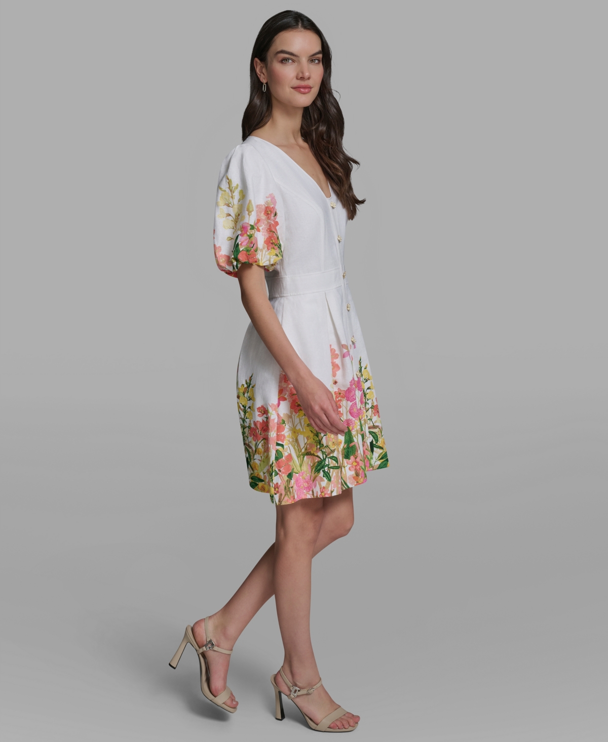 Karl Lagerfeld Paris Women's Floral Border Linen Puff-Sleeve Dress