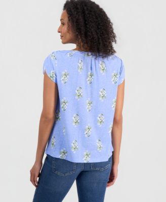 Women's Printed Boat-Neck Ruched-Sleeve Top