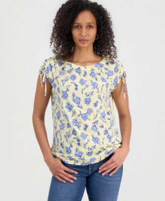 Women's Floral-Print Boat-Neck Ruched-Sleeve Top