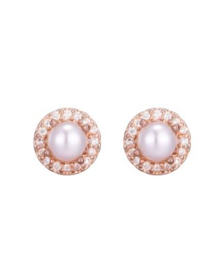 Rose Gold Freshwater Pearl CZ Halo Stud Earrings