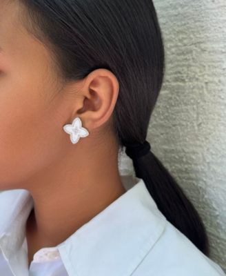 Silver CZ Mother of Pearl Statement Flower Stud Earrings