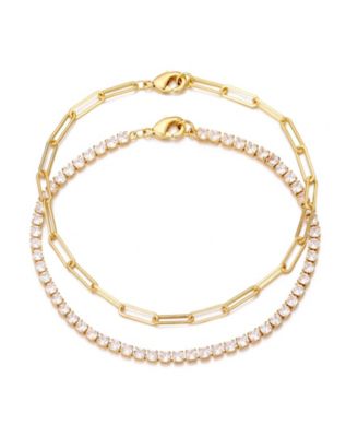 Gold Tennis and Paperclip Chain Bracelet Set