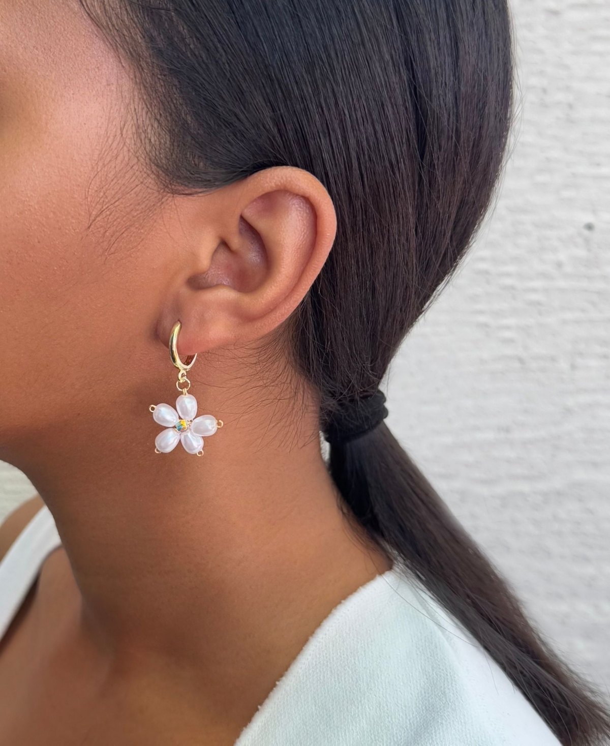 Adornia Gold Pearl Flower Huggie Earrings