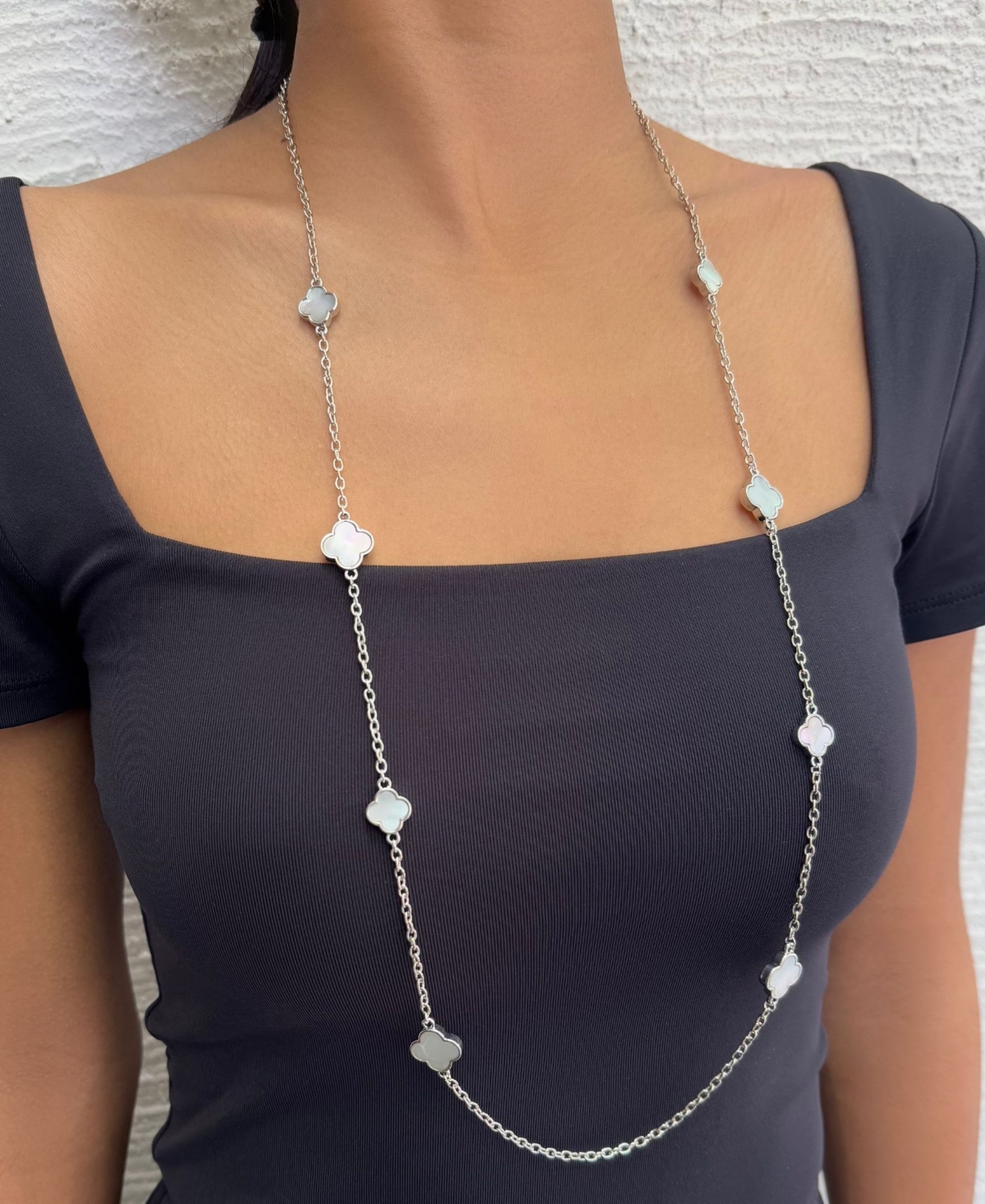 Adornia Silver Mother of Pearl 36" Flower Station Necklace