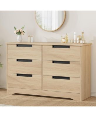 6 Drawer Dresser for Bedroom, Natural Modern Double Dresser Organizer with Embedded Handles Design, Wooden Chest of Drawers for Living Room