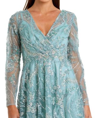 Women's Floral Embroidered V Neck Long Sleeve Midi Dress