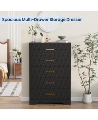 Tall Dresser for Bedroom with 5 Drawer, Pink Wood Chest of Drawers with Gold Handles for Closet, Modern Nightstand for Bedside