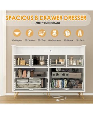 8 Drawer Wood Dressers for Bedroom with Led Light and Power Outlet, Wooden Dressers with Open Shelves  for Adult and Kids Bedroom
