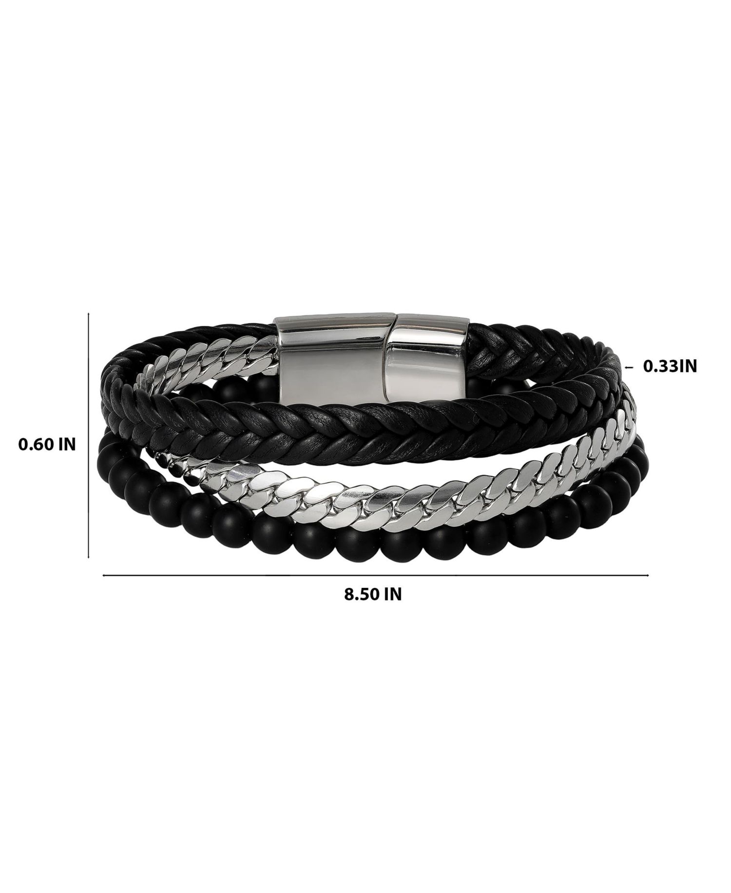 Men’s 3-Row Chain and Bead Bracelet, Black, Magnetic Clasp - 8.5''