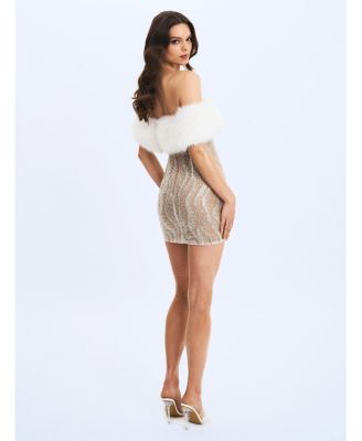 Women's Averie Fur Off-Shoulder Sequin Mini Dress