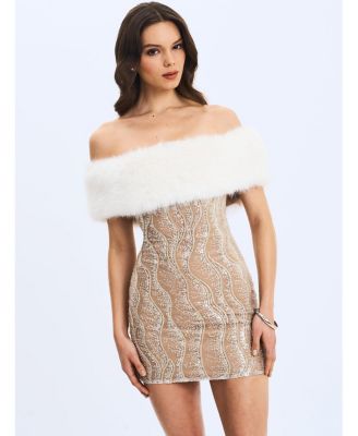 Women's Averie Fur Off-Shoulder Sequin Mini Dress