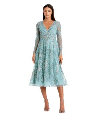 Women's Floral Embroidered V Neck Long Sleeve Midi Dress