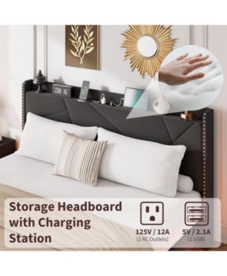 Floating Bed Frame with RGB LED Lights and Charging Station, Upholstered Platform Bed with Storage Headboard and Button Tufted Design, No