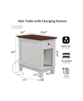 Narrow Farmhouse Side Table with Charging Station, Small Storage Nightstand Bedside Table for Living Room