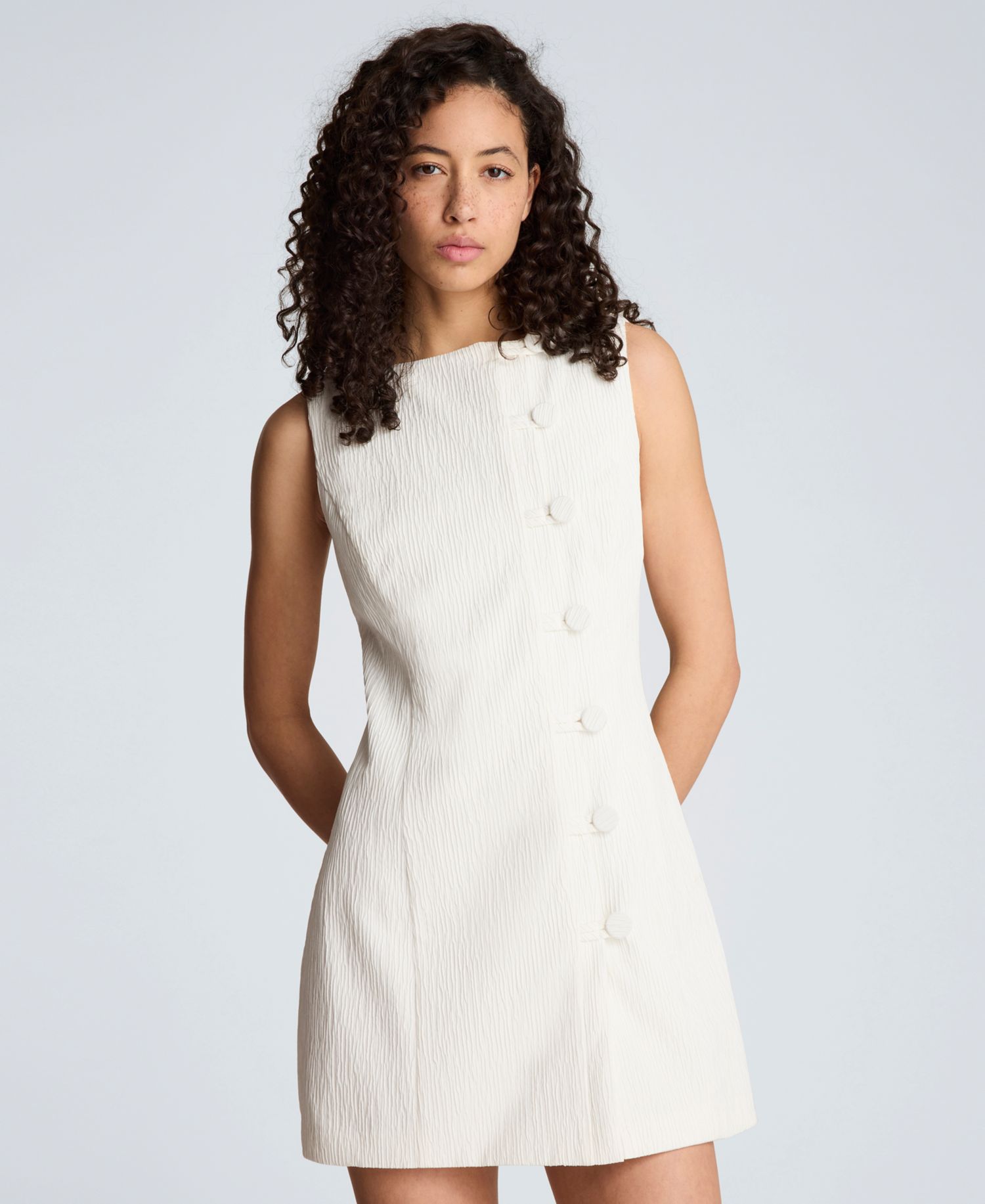 Women's Boat Neck Button-Front Sheath Short Dress