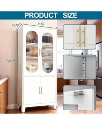 Freestanding Storage Cabinet: 70" Tall White Linen + Pantry + China Cabinet – Tempered Glass Doors, Heavy-Duty Adjustable Shelves