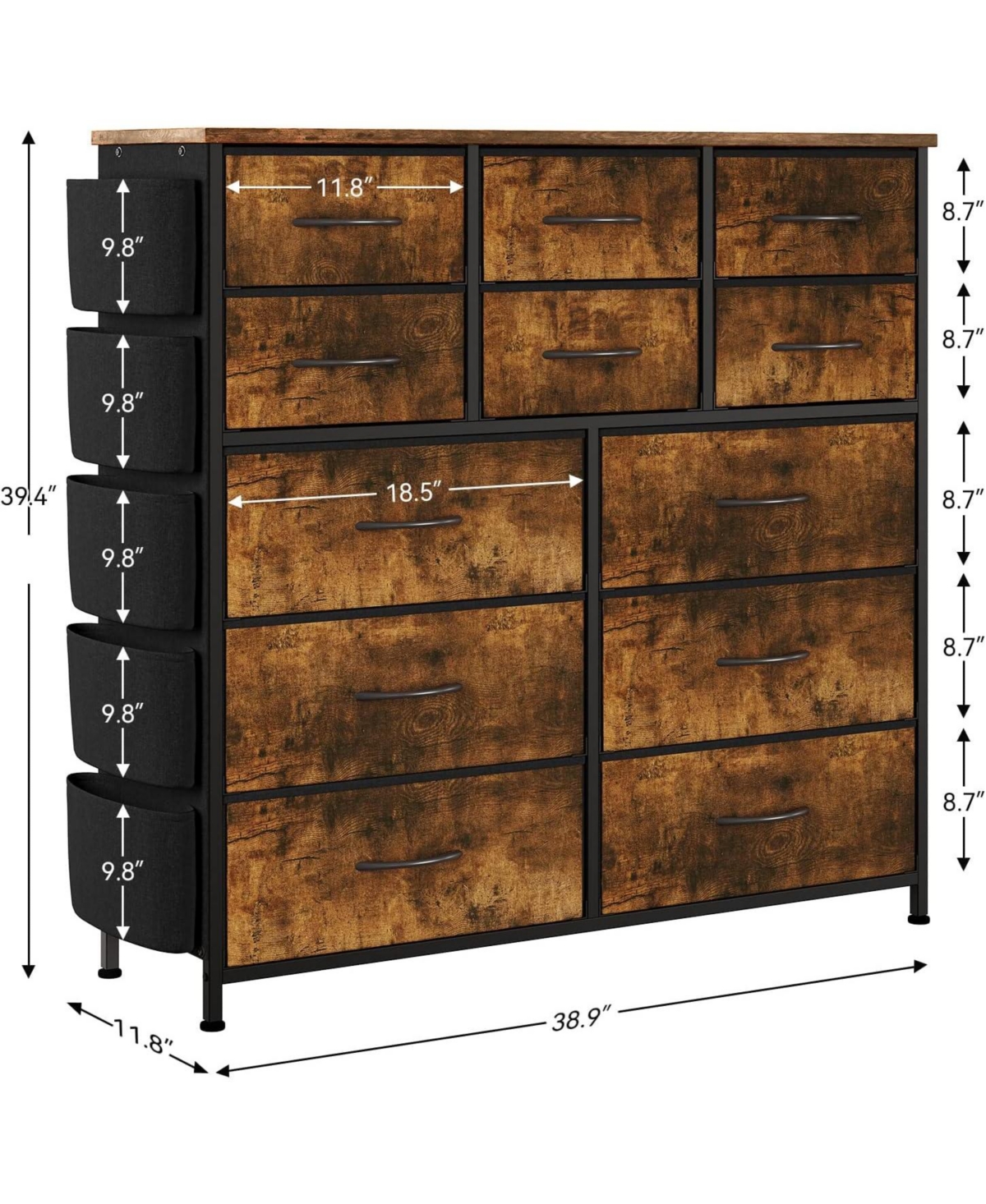 gaomon 12 Drawer Dresser for Bedroom, Fabric Storage with Side Pockets and Hooks, Large Chest of Drawers for Closet, Living Room, Hallway