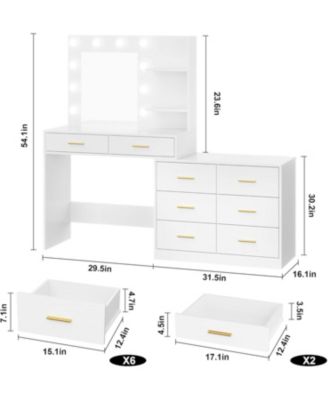 61" Vanity Desk with Mirror & Lights - Makeup Vanity with 8 Wide Drawers, 2-Tier Shelves, 3 Dimmable Modes