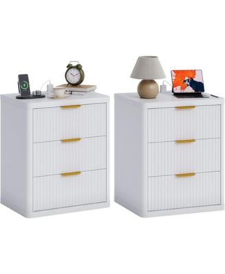 Fluted Nightstand Set of 2,Mid Century Bedside Table,Wooden End Table,Farmhouse Night Stand with 3 Drawer