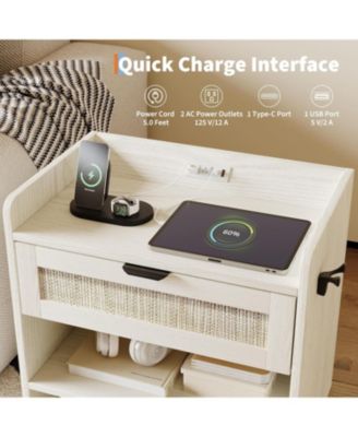 Boho Rattan Bedside Table with Type-C Charging Station, Nightstand with 1 Storage Drawer & Open Shelf