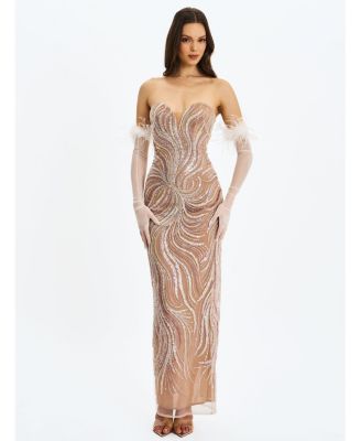 Women's Quinci Apricot Beaded Sequin Sweetheart Maxi Dress