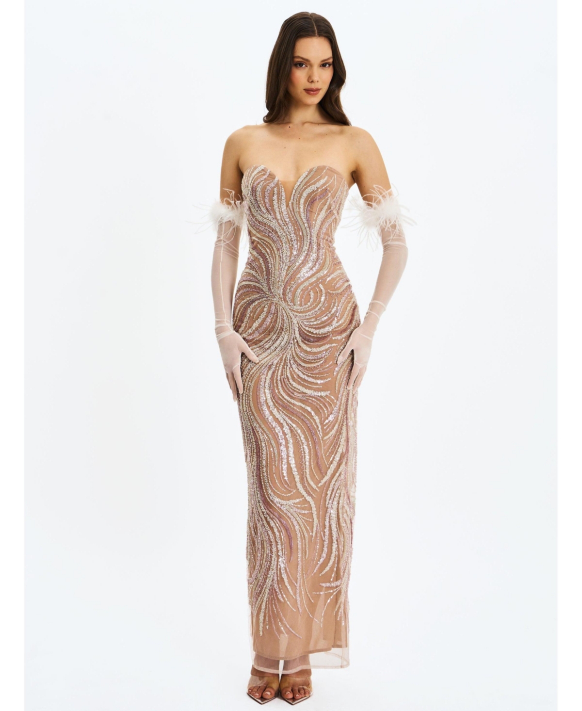 Miss Circle Women's Quinci Apricot Beaded Sequin Sweetheart Maxi Dress