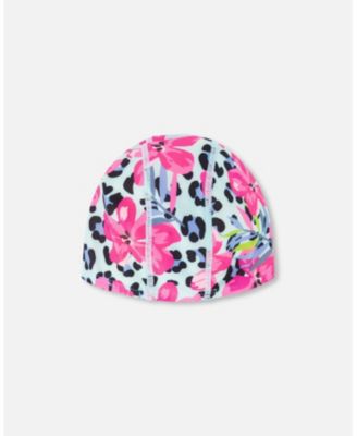 Girl Swim Cap Blue Floral and Leopard Print - Toddler|Child