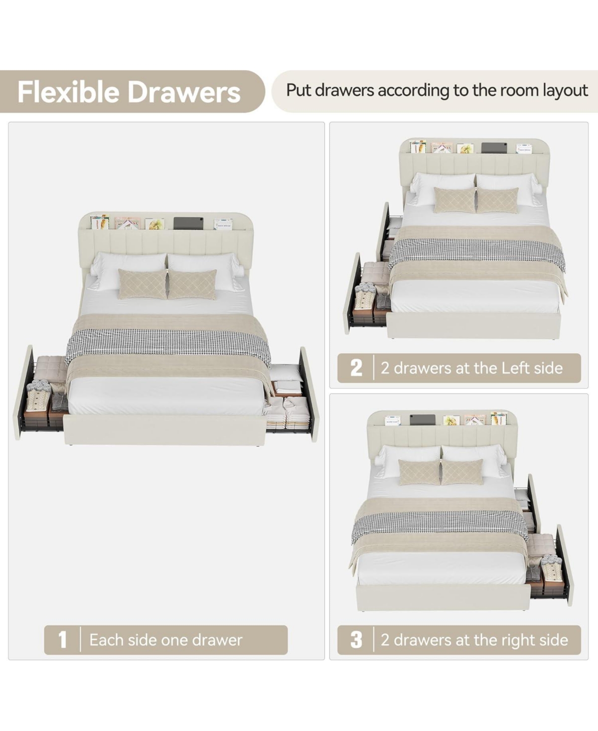 gaomon Full Bed Frame with Storage Headboard, Kids 2 Drawers, Boucle Upholstered Platform Bookcase, No Box Spring Needed, Easy