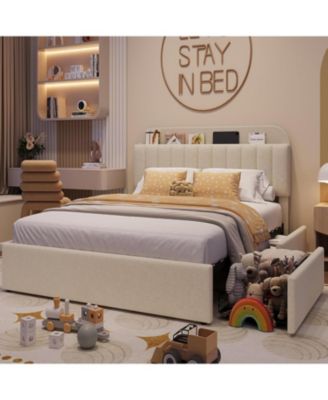 Full Bed Frame with Storage Headboard, Kids Bed Frame with 2 Drawers, Boucle Upholstered Platform Bed with Bookcase, No Box Spring Needed, Easy