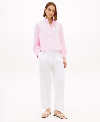Women's Cropped Ruffled Oxford Collared Shirt