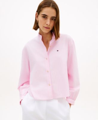 Women's Cropped Ruffled Oxford Collared Shirt