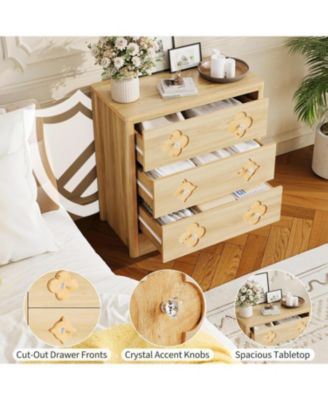 Oak 3 Drawer Tall Dresser with Decorative Boho Fronts, Bedroom Chest for Closet or Nightstand Use