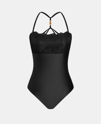 Women's Square Neck Lace Trim Crisscross One-Piece Swimsuit